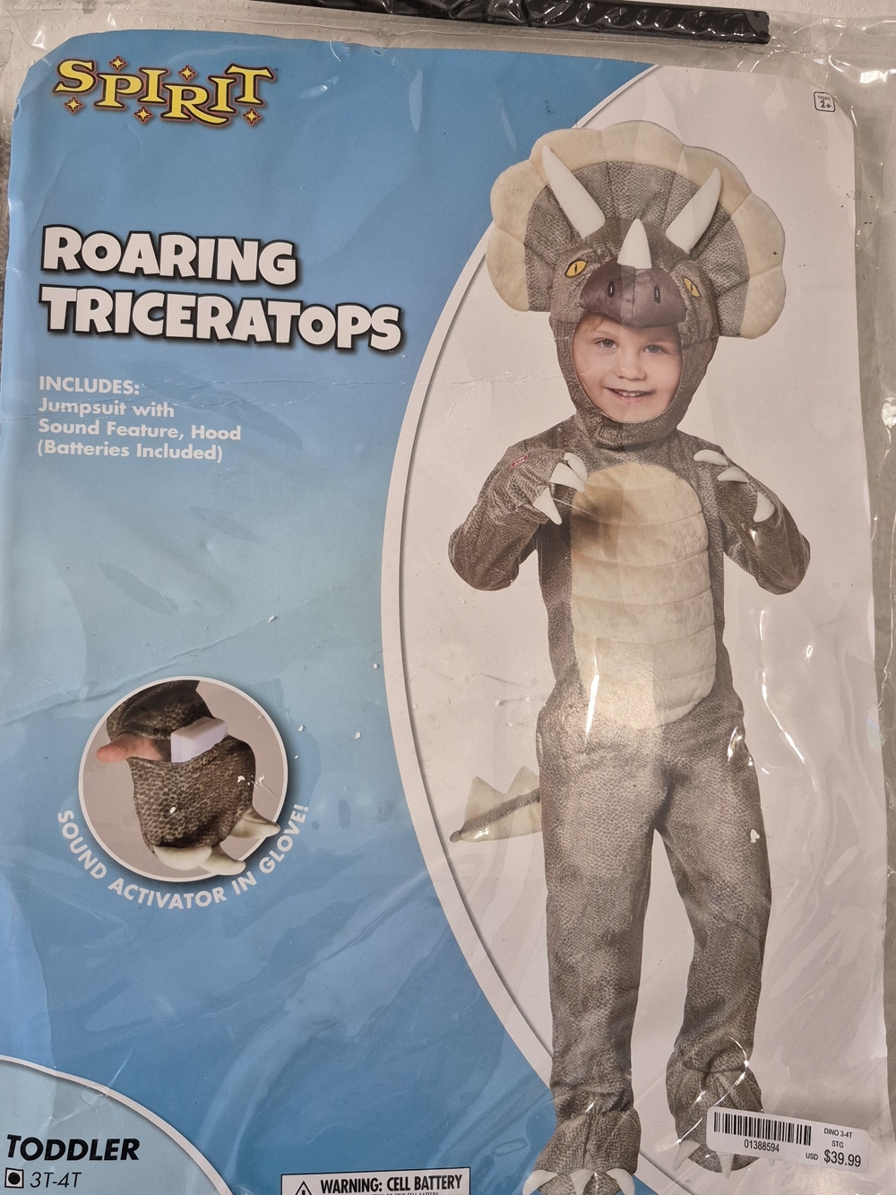 Roaring Triceratops Halloween Costume Size 3 -4 T Sound Activator